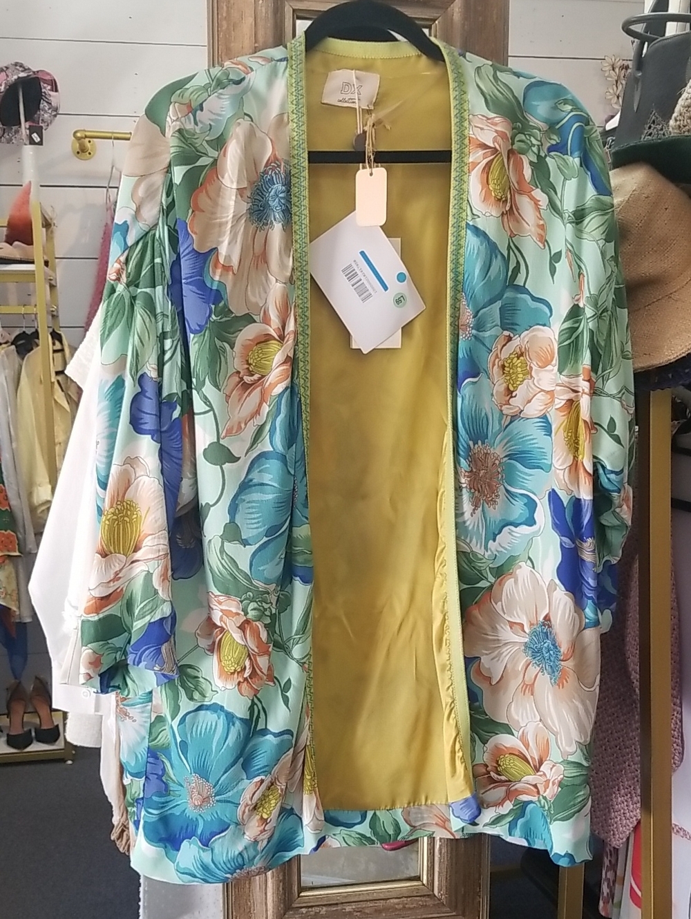 Floral Satin Kimono Jacket - Green Blue Peach